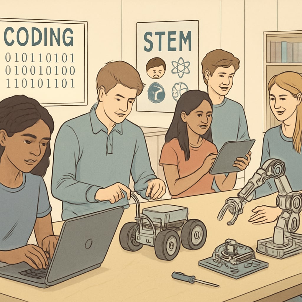 Students engaged in hands-on STEM activities, such as coding or robotics, illustrating the integration of practical learning in high schools. High school students participating in STEM projects.