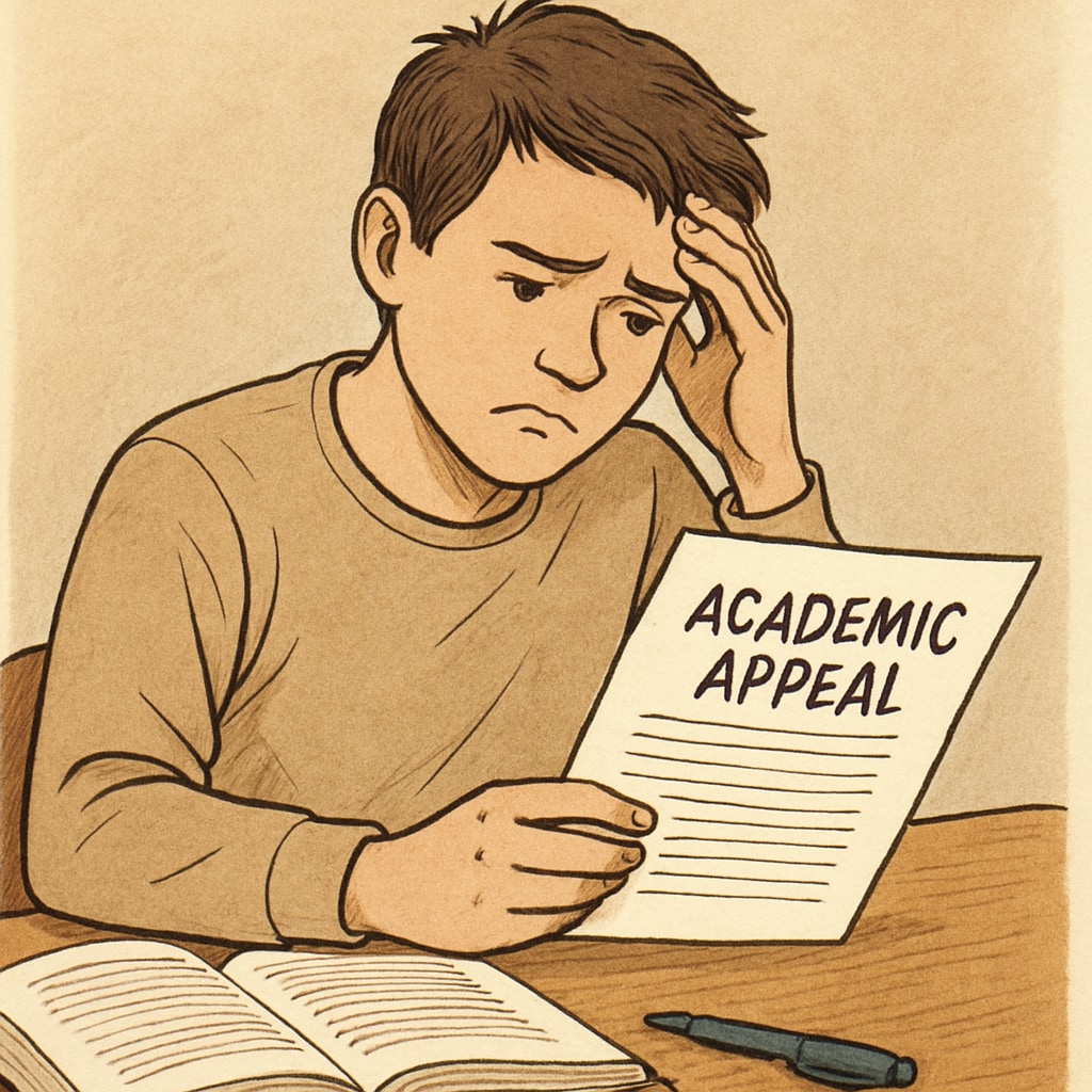 Frustrated student reviewing academic appeal document in the context of grade disputes