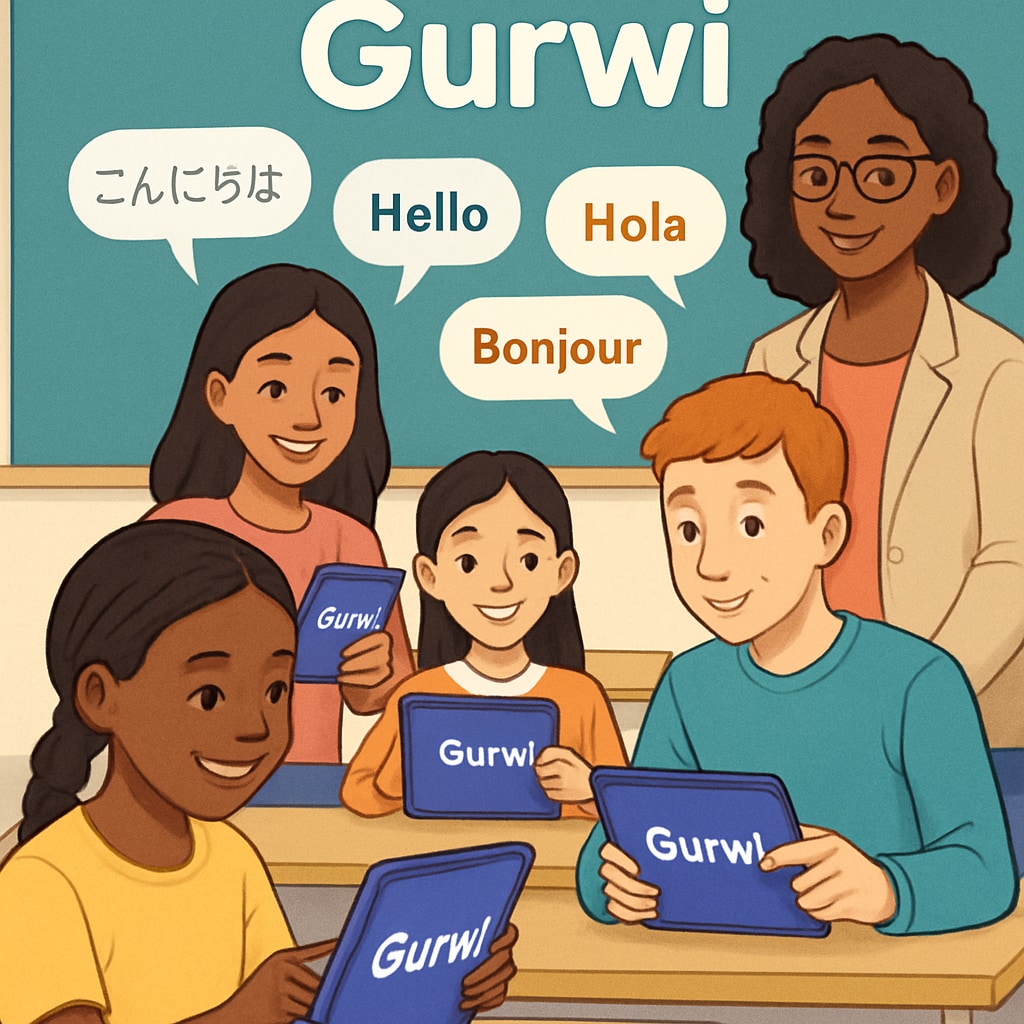 A diverse group of students using Gurwi on tablets, showcasing its multilingual and inclusive approach. Multilingual education and inclusive learning with Gurwi.