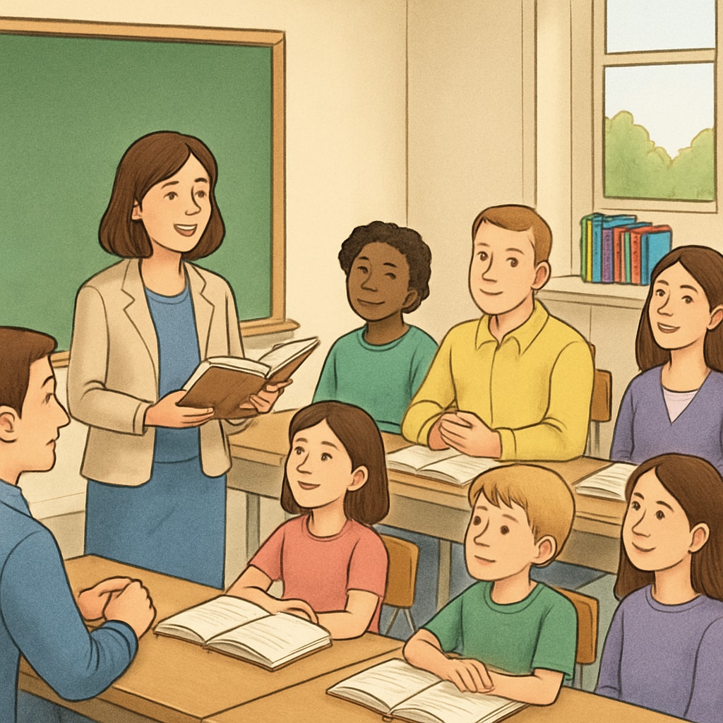 A teacher leading a reading workshop with parents and students, emphasizing collaboration in reading education strategies.