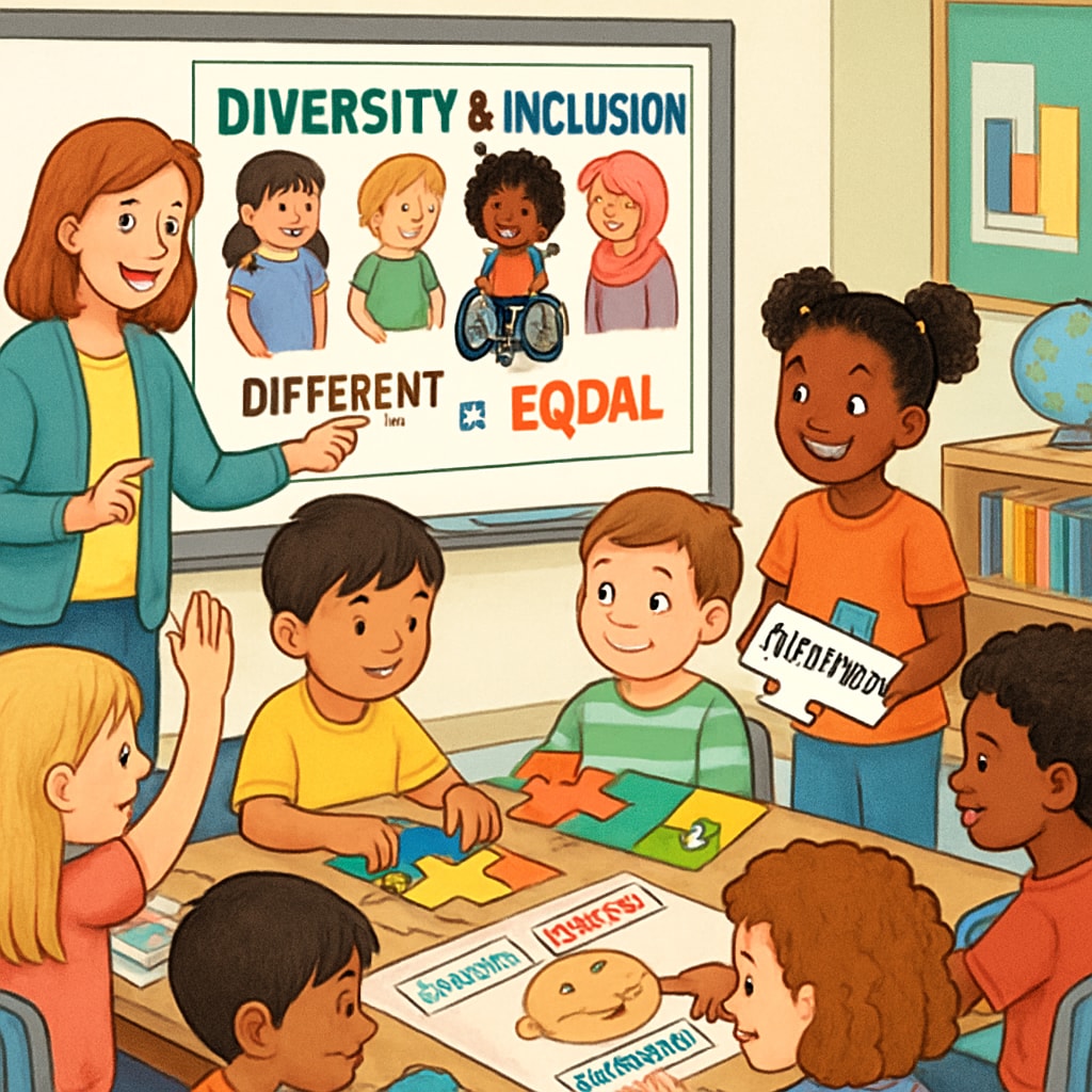 First-grade students learning about diversity in an interactive classroom setting.