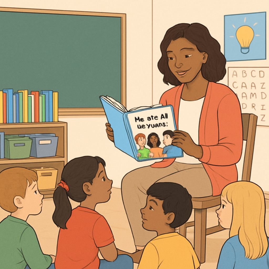Teacher introducing diversity through storytelling to elementary school students.