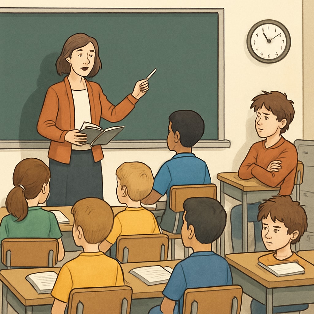A classroom with students focusing on their teacher while one student appears disengaged, representing the impact of disruptive behavior. Classroom with engaged students and one distracted student – public school behavior management.