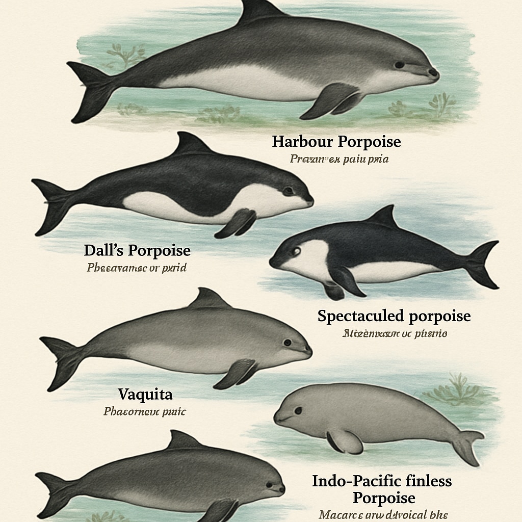 A detailed illustration depicting various porpoise species, highlighting their unique physical features and habitats. Porpoise species illustration showing biodiversity in marine life.