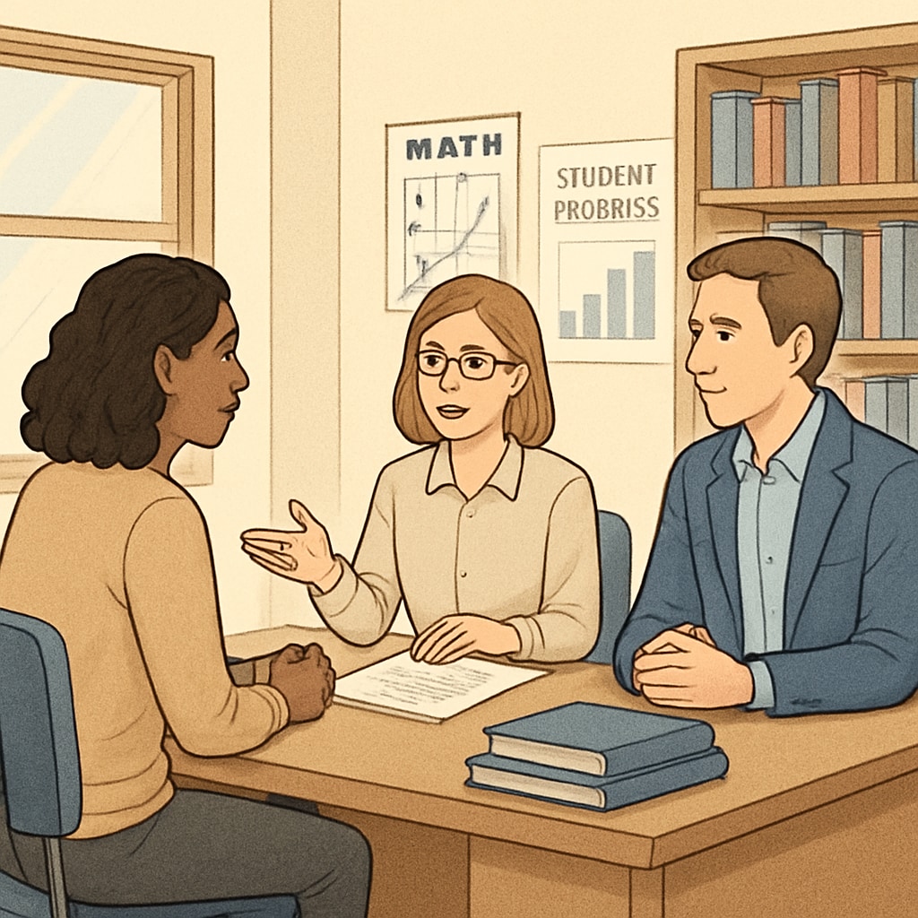 A parent and teacher discussing a student's progress in a school office, emphasizing the importance of parental involvement. Parent-teacher meeting discussing student behavior and progress – psychological intervention and parental responsibility.
