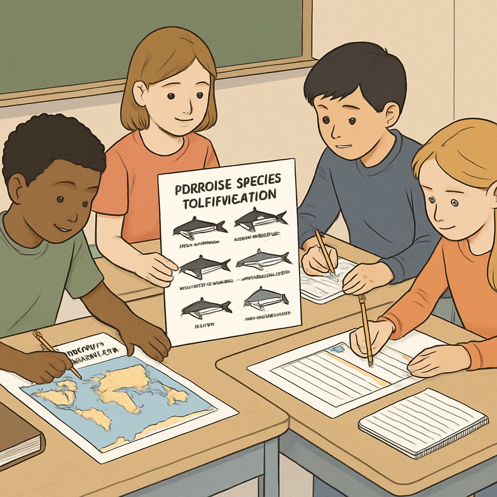 A classroom activity setup featuring students working on porpoise species identification charts and habitat maps. Students engaging in marine biology activities focused on porpoise species.