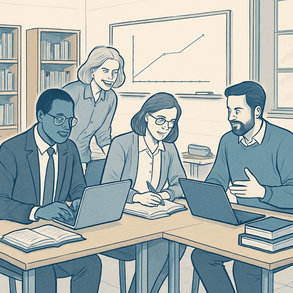 A group of educators and university employees collaborating on a project in a classroom setting. Educators and UC employees working together on K12 education solutions.