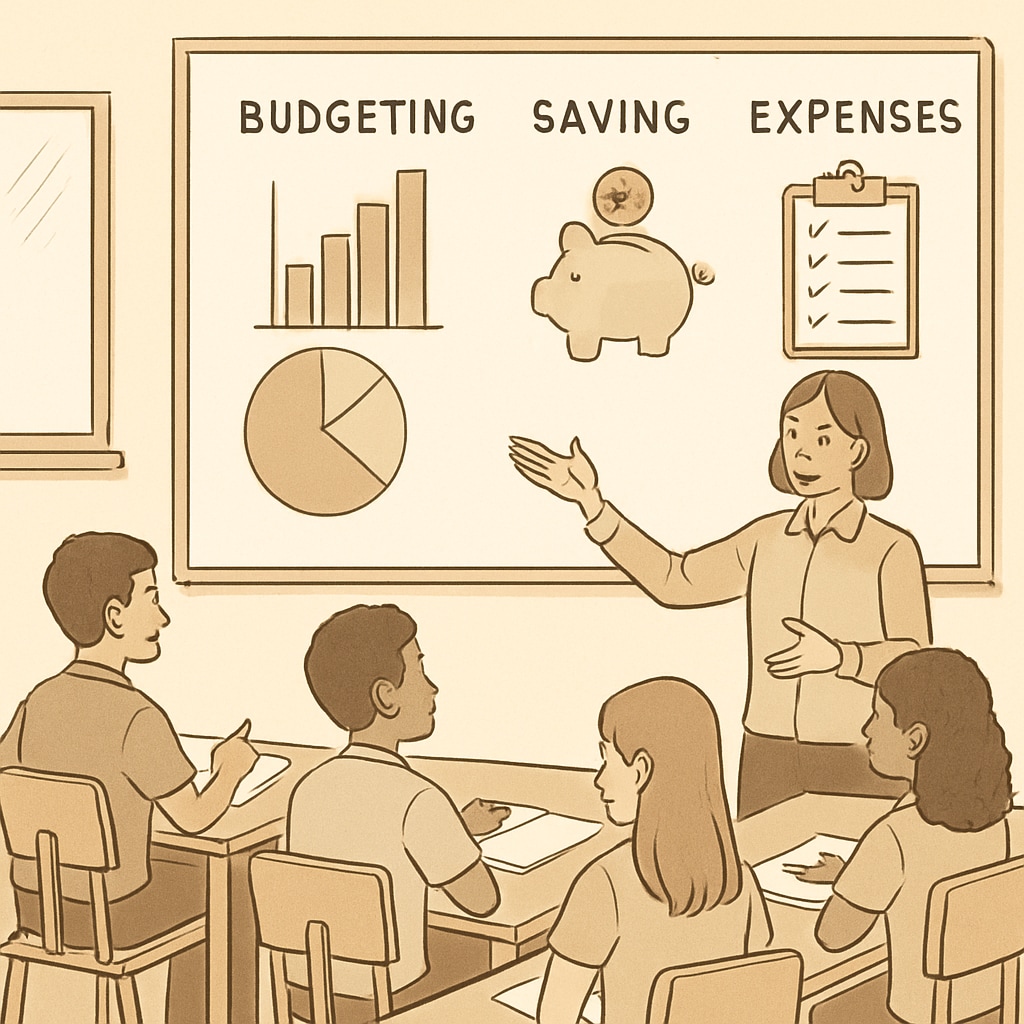 A classroom setting with students learning about financial literacy, such as budgeting or saving money. Students learning financial literacy in school.