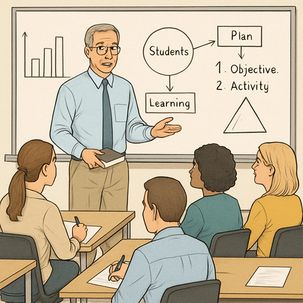 An educational workshop where a university professor is presenting to K12 teachers. UC professor conducting a workshop with K12 educators.