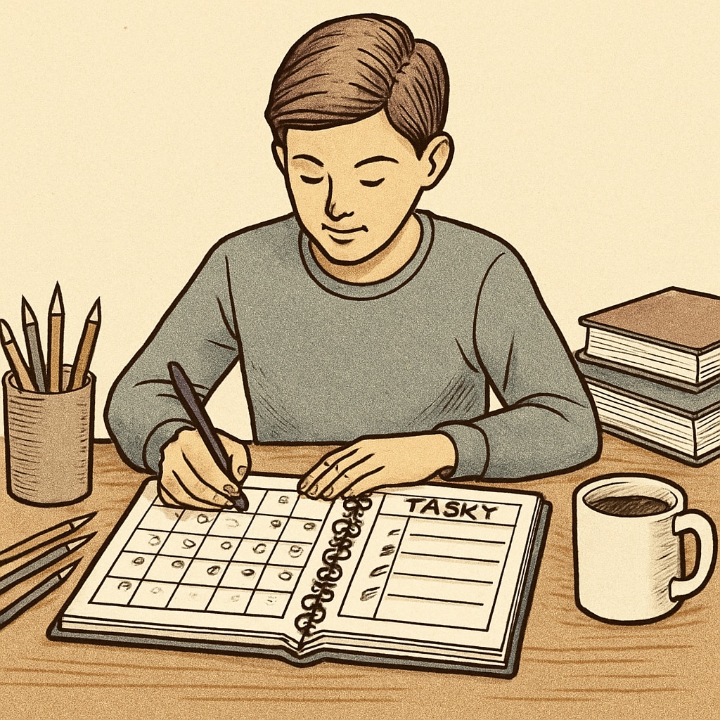A student using a planner or calendar to organize their tasks and deadlines. Student practicing time management with a planner.