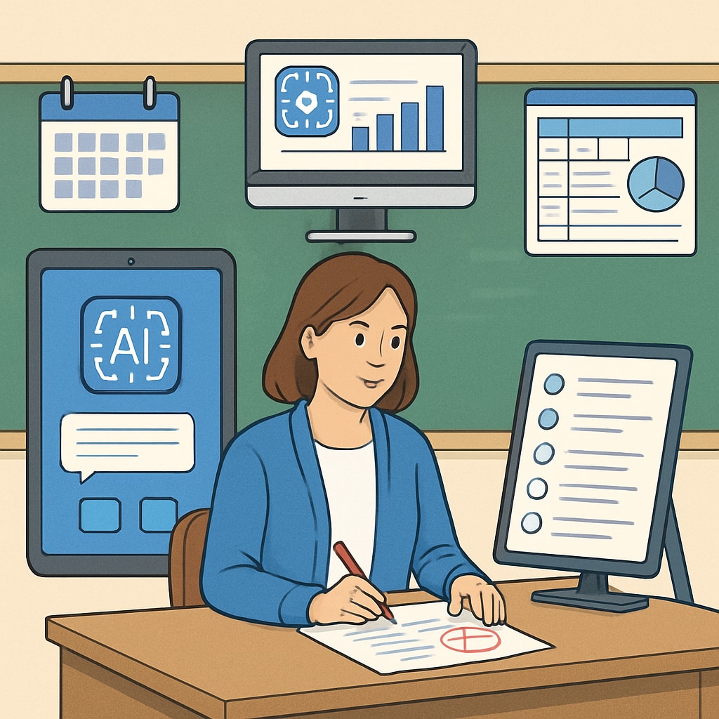 Illustration of AI-powered tools assisting teachers in grading assignments, scheduling, and data management tasks. Represents AI's role in streamlining administrative tasks in education. AI tools helping teachers with administrative tasks like grading and scheduling