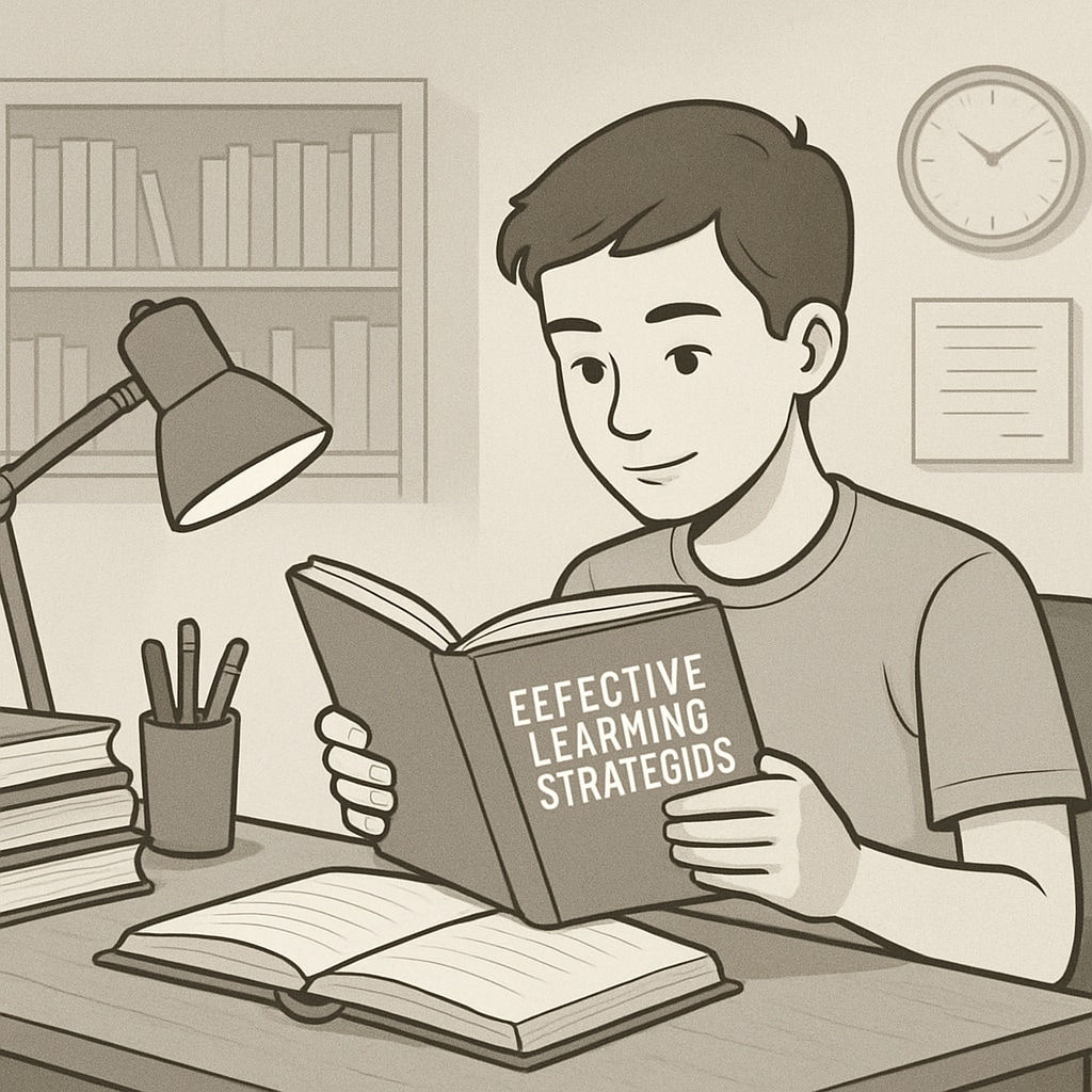 A student reading a book on effective learning strategies, sitting at a study desk. Student engaging with a book on effective learning methods at a study desk.