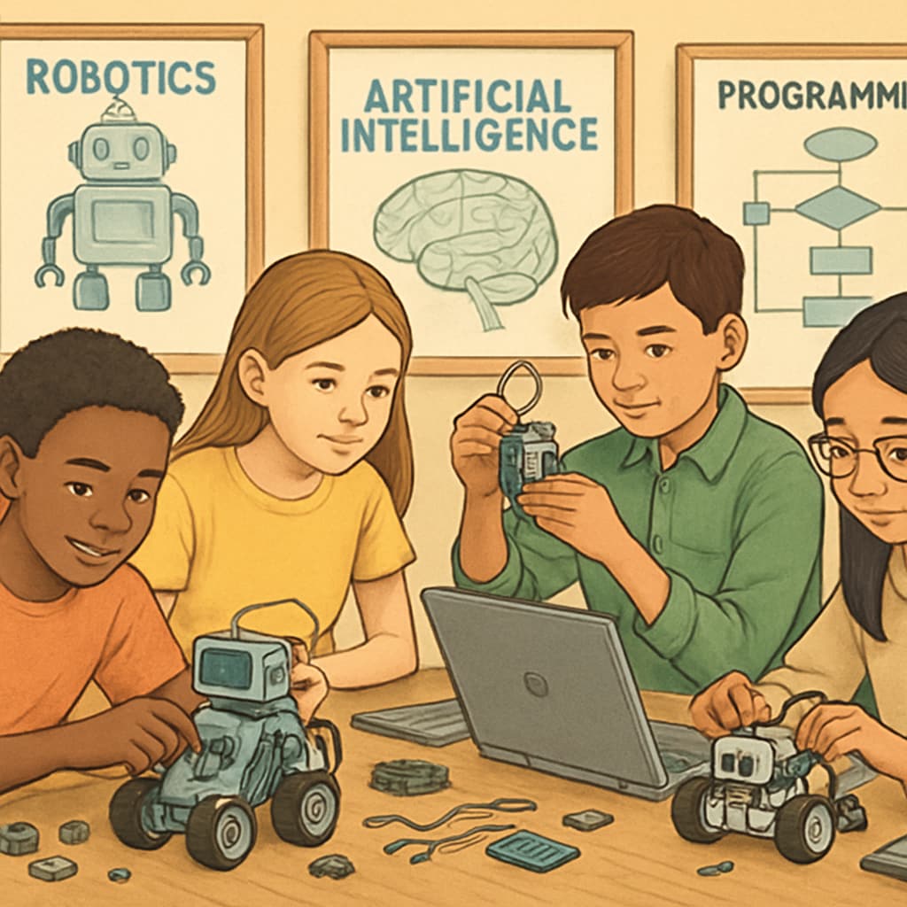 Students working on robotics projects to learn AI concepts.