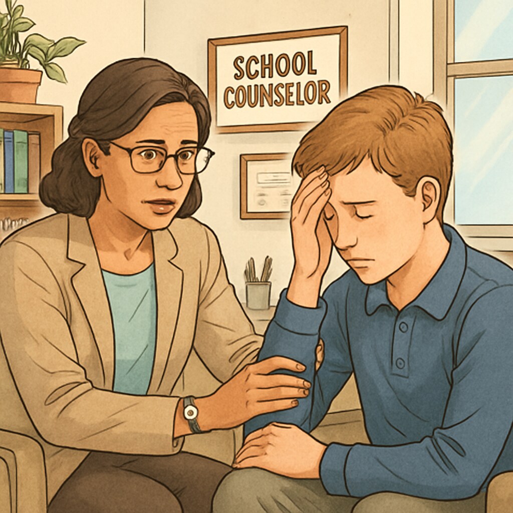 A school counselor offering emotional support to a student in a well-lit office setting. The image showcases the importance of holistic student support in educational environments. Holistic student support in a K12 school setting