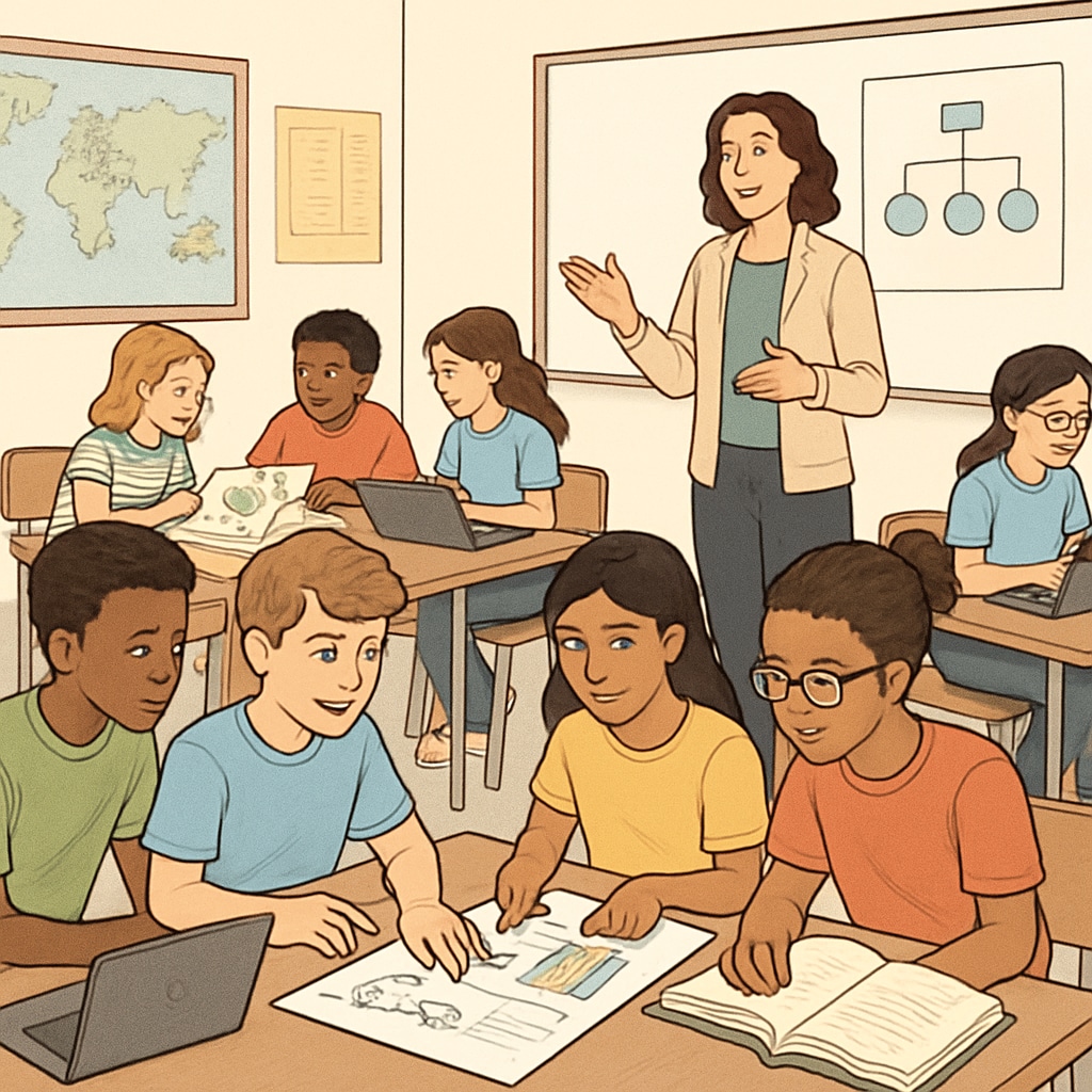 A classroom of diverse students engaging in project-based learning, illustrating inclusivity and collaboration. Diverse students working collaboratively in a classroom, representing inclusive education.