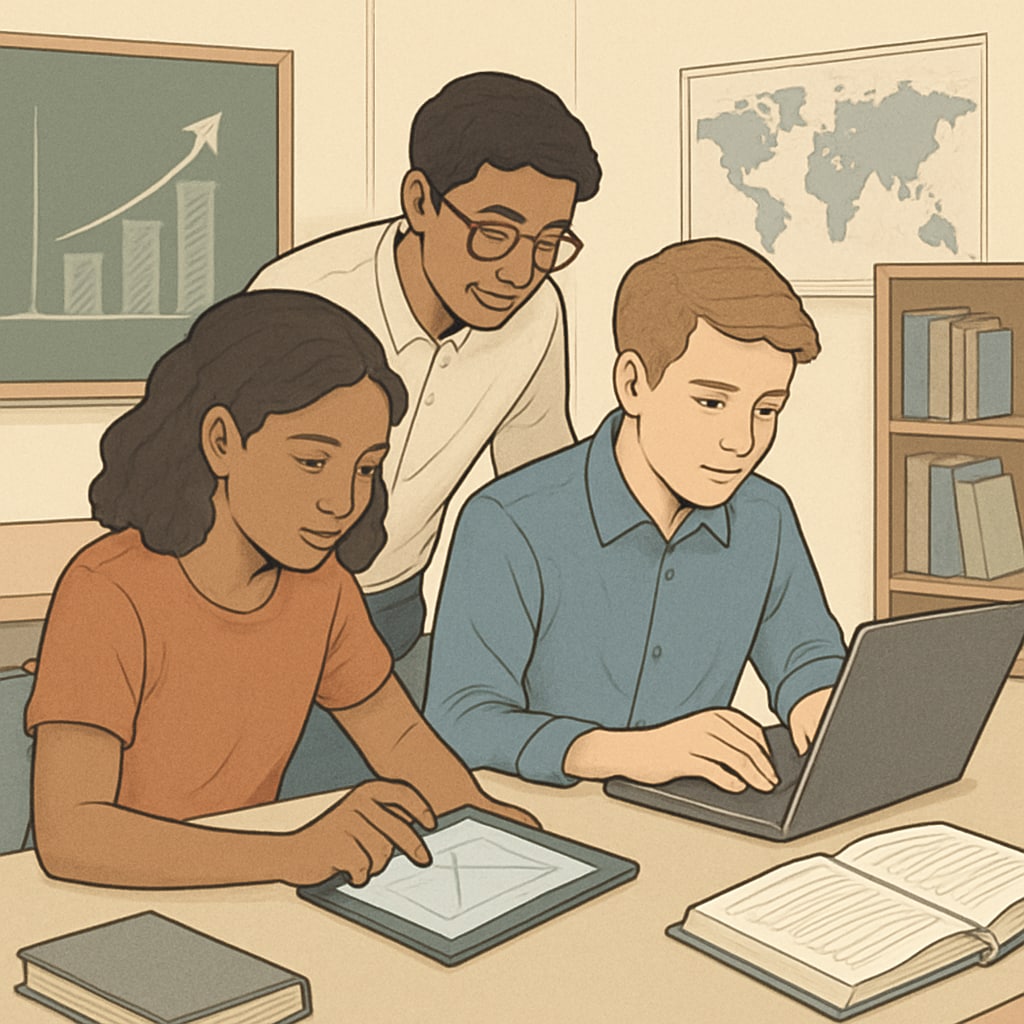 Students working collaboratively on a technology-driven project in a classroom setting. The image highlights the role of engaging and adaptive curricula in promoting student success. Adaptive curriculum in a K12 classroom