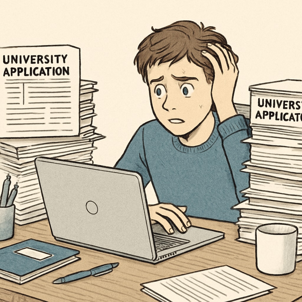 First-year student struggling with university application paperwork.