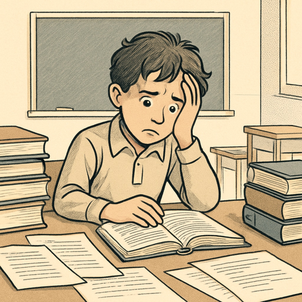 A young student looking overwhelmed while studying, representing the pressure faced by gifted children. Overwhelmed student studying, symbolizing the stress of being labeled as gifted.