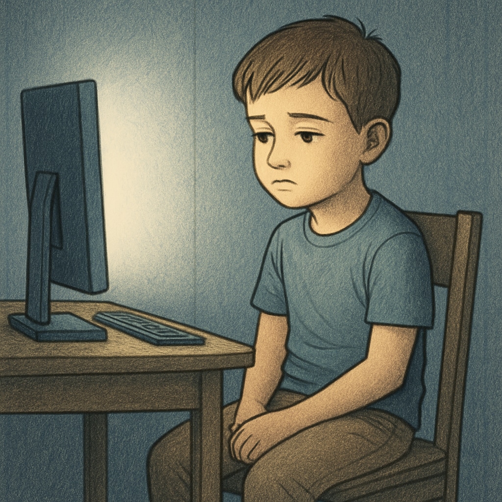 A child sitting alone in front of a glowing screen, illustrating the impact of excessive screen time on mental health. A child affected by excessive screen time, sitting in front of a glowing screen.