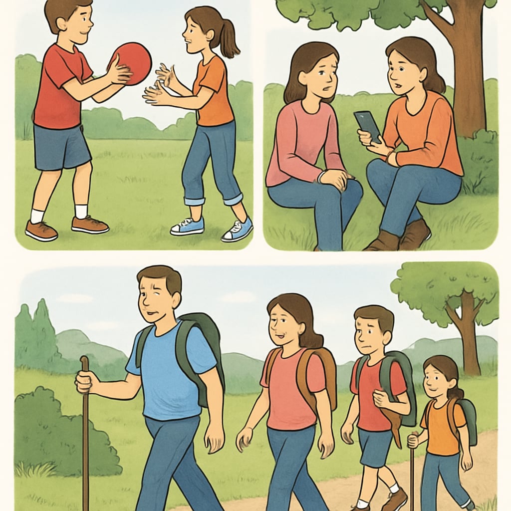 A family engaging in outdoor activities together, demonstrating the importance of balancing technology use with physical and social interaction. A family enjoying outdoor activities to balance technology usage.