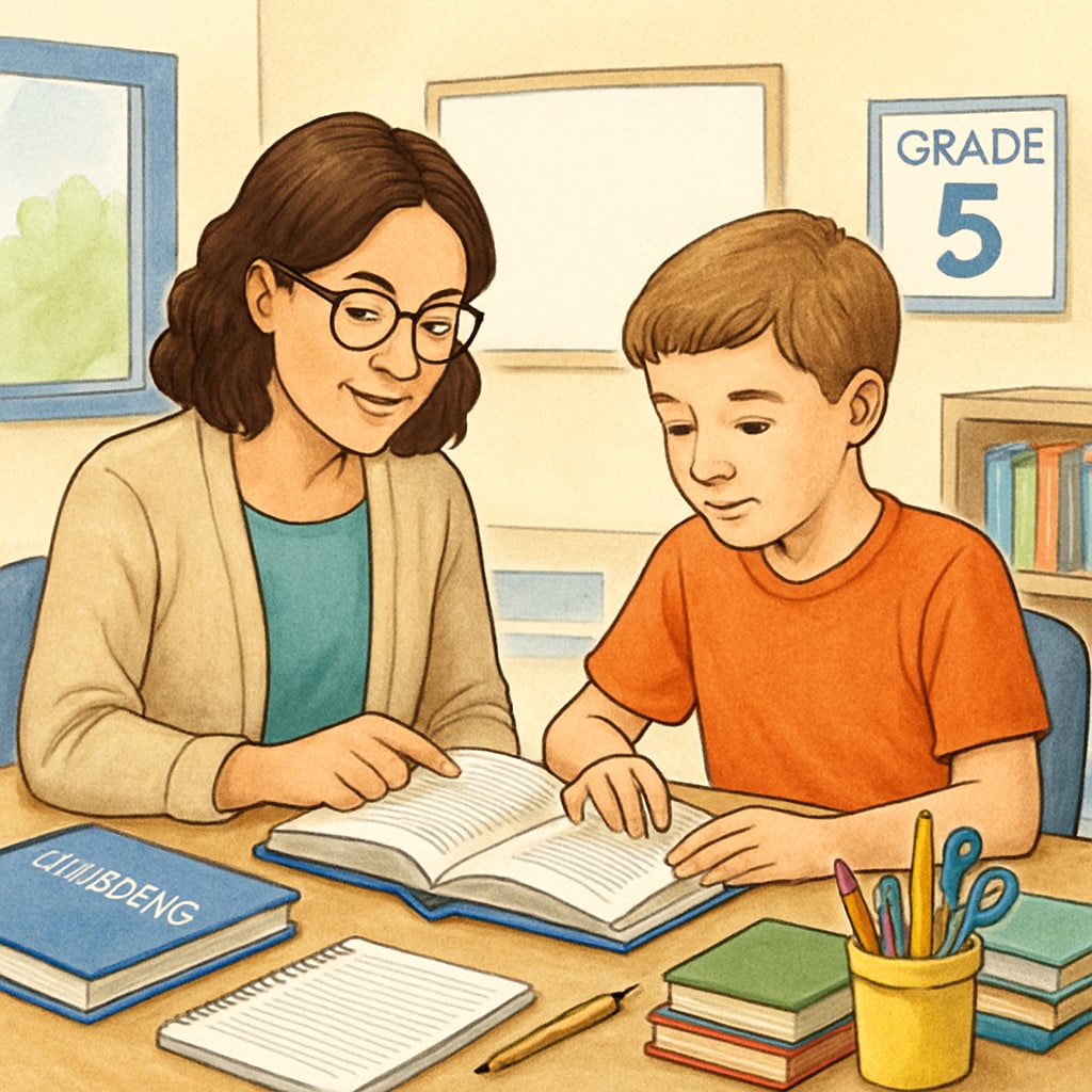 Teacher providing individualized support to a 5th-grade student in an ELA classroom.