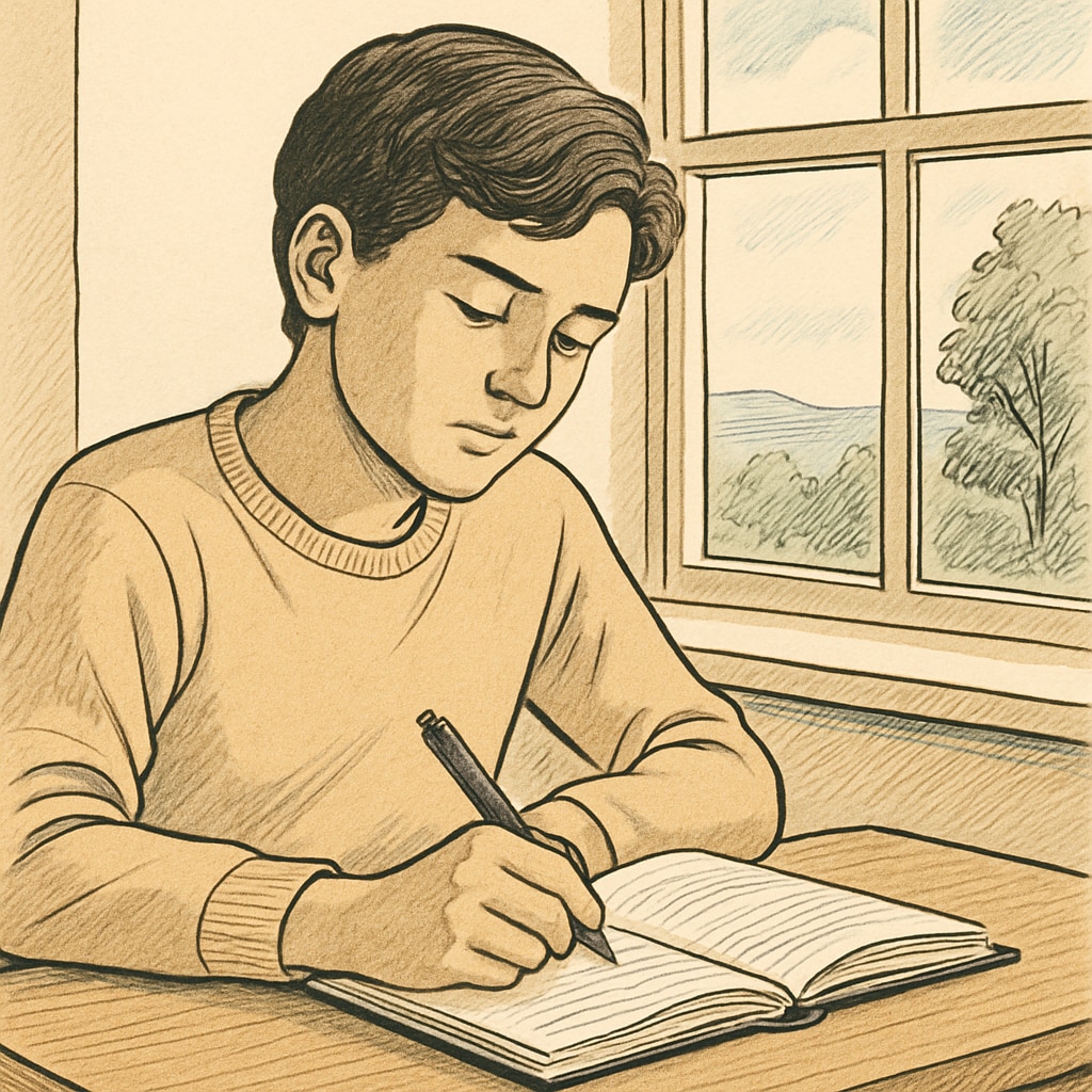 A student writing personal reflections while looking thoughtful.