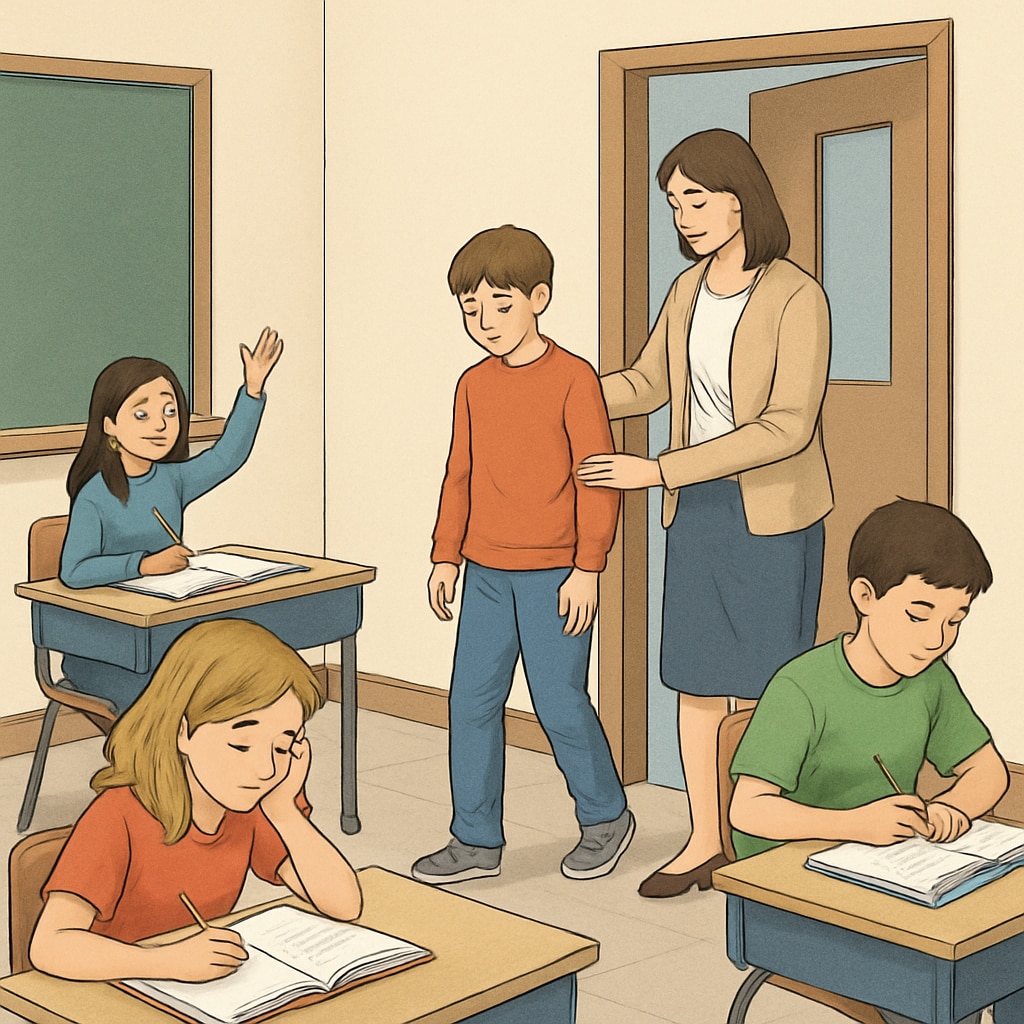 A classroom with students engaged in learning while one student is being guided out by a teacher. Classroom with students learning while a teacher guides a disruptive student out.