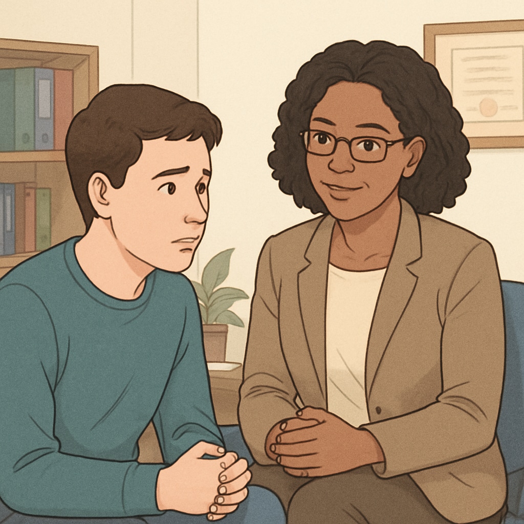 A school counselor speaking with a student in a private setting. School counselor providing professional support to a disruptive student.