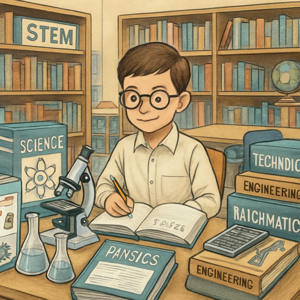 Student researching STEM career options in a library.
