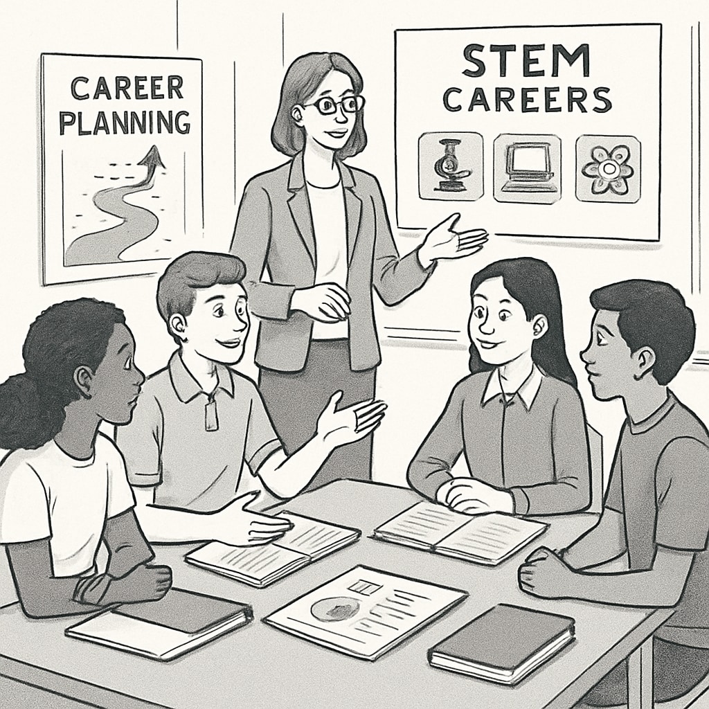 A group of high school students deeply engaged in a career planning workshop, discussing STEM career paths. High school students discussing STEM career planning during a workshop.
