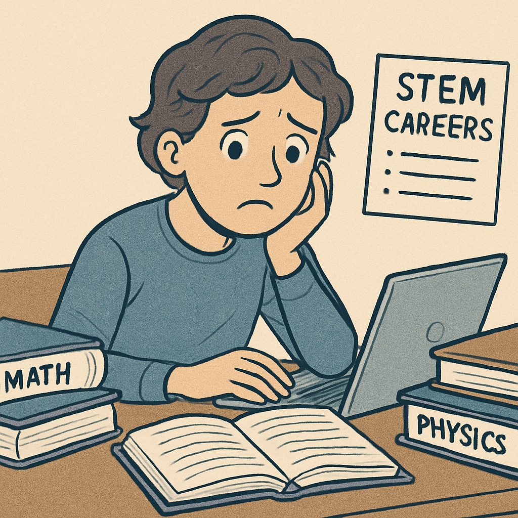 A student sitting at a desk surrounded by textbooks, looking anxious while researching STEM career options. An anxious student researching STEM career options surrounded by textbooks.