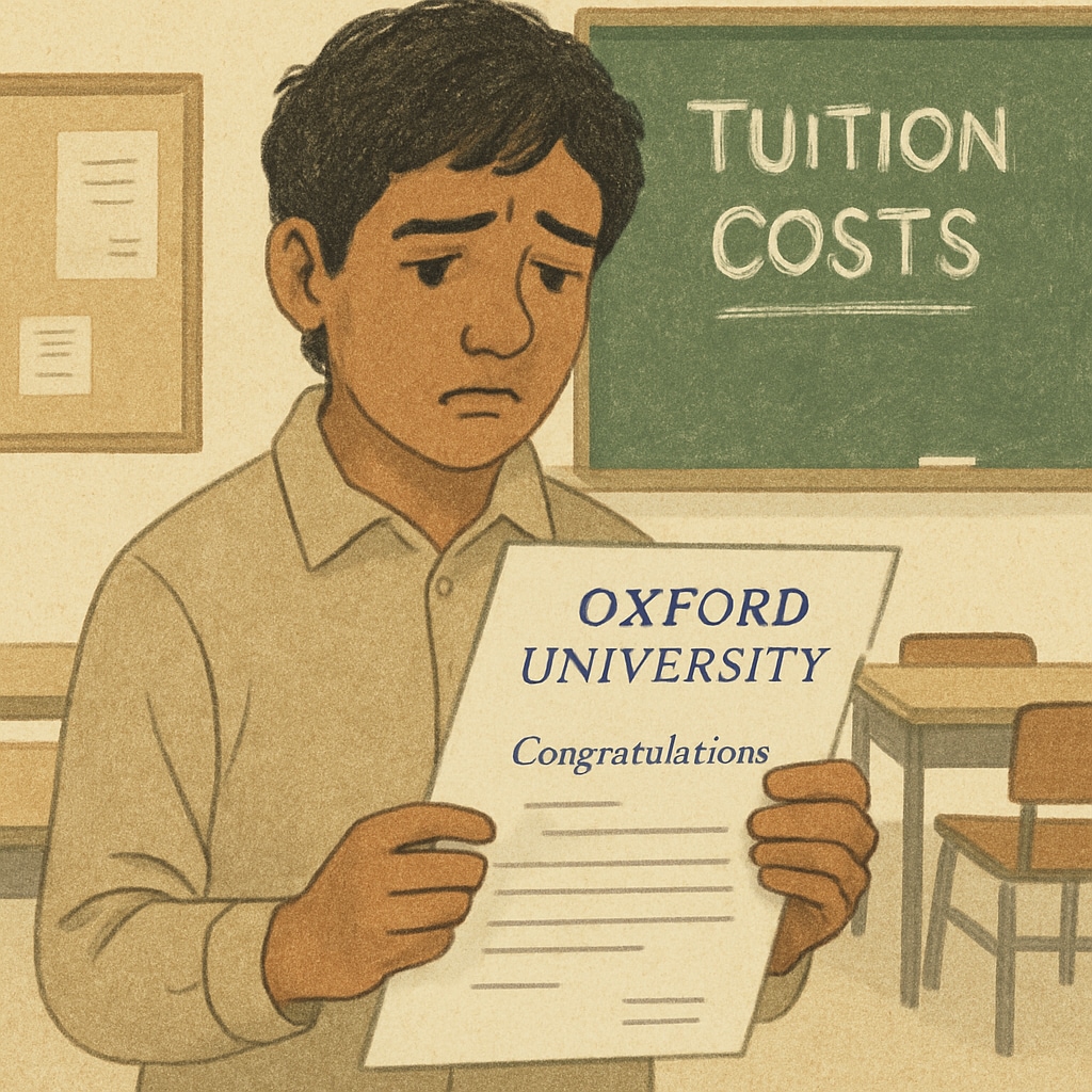 A young migrant student holding an Oxford University acceptance letter, looking concerned about tuition costs. Migrant student worried about Oxford University tuition fees due to immigration status.