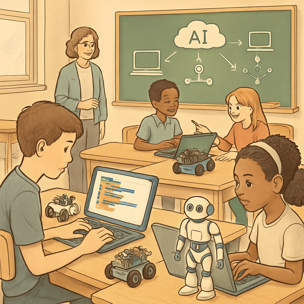 A classroom environment where students are engaged in coding and robotics activities, representing the integration of AI education in K12 schools. Students in a classroom learning coding and robotics, preparing for AI-driven careers.