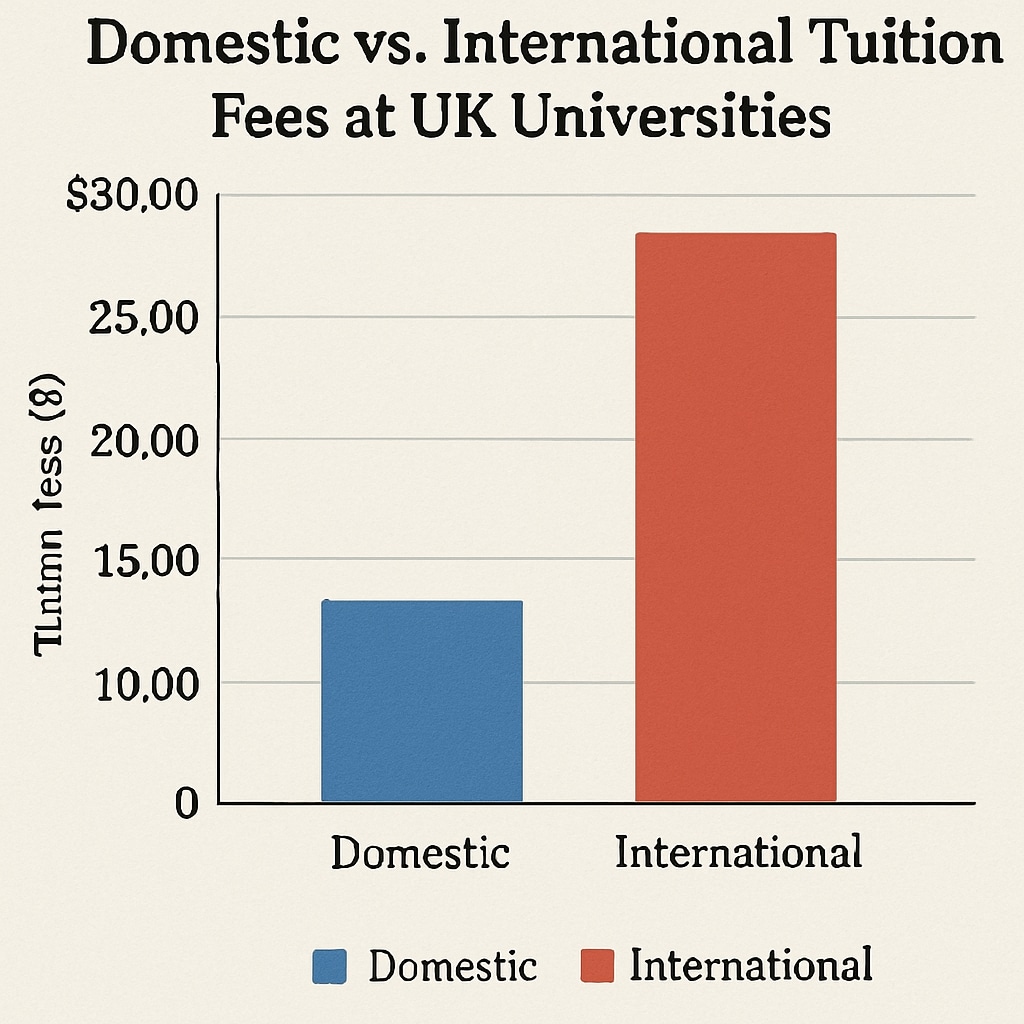 A graph comparing domestic and international tuition fees at UK universities, highlighting disparities. Graph showing tuition fee differences for domestic and international students at UK universities.