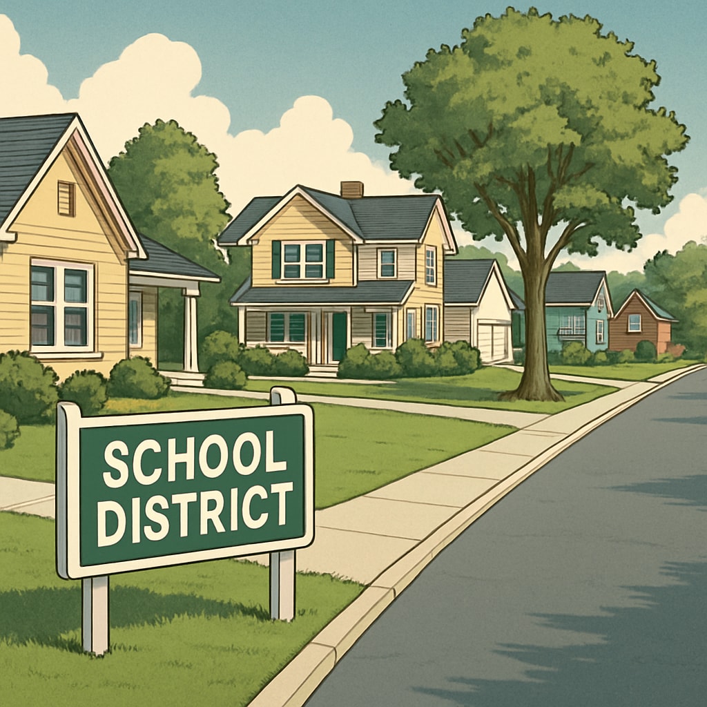 A suburban neighborhood with well-maintained homes, representing desirable school districts. Suburban homes in a top school district.