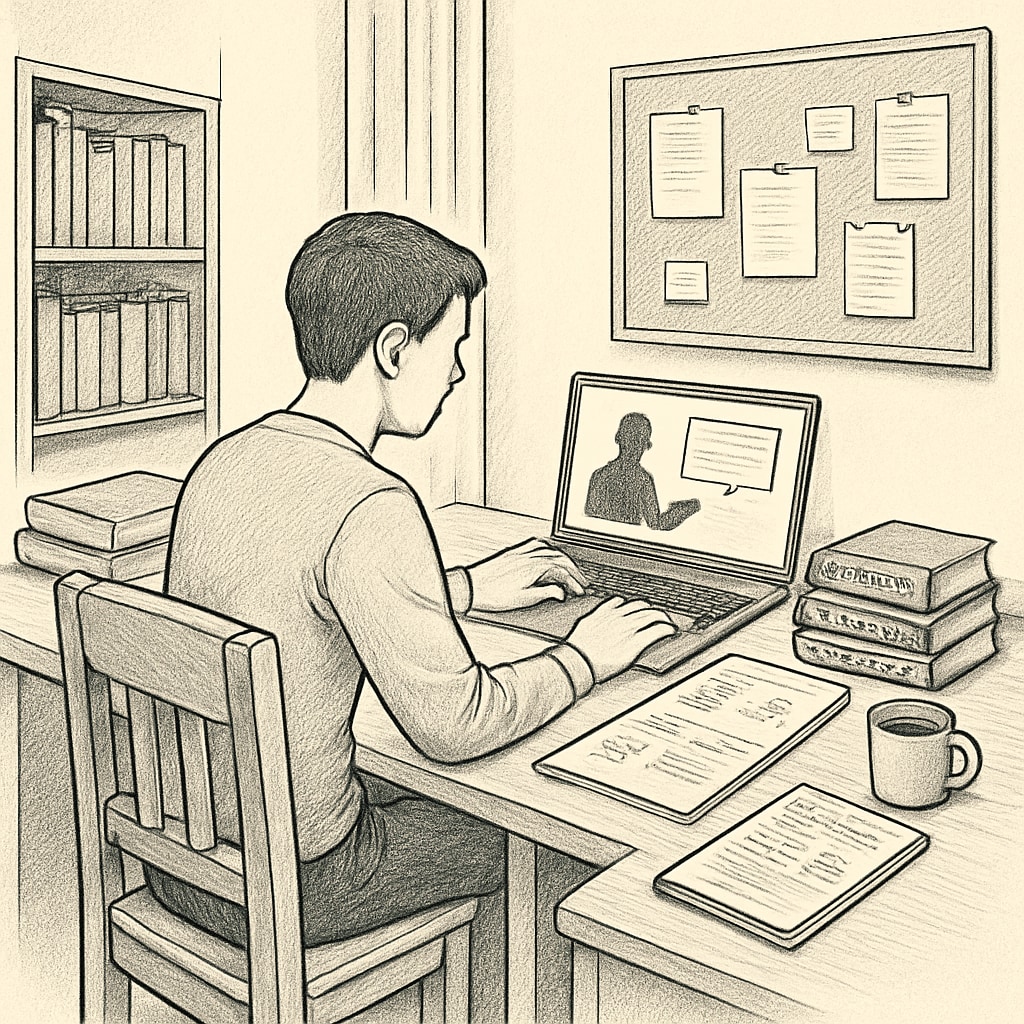 A student studying mechanical engineering alongside an online second degree on a laptop in a study room. Mechanical engineering student working on an online second degree with a laptop.
