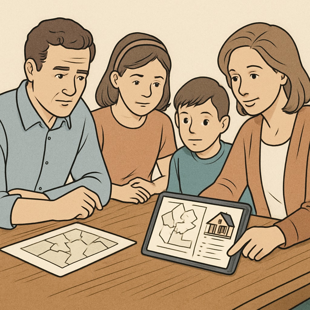 A family reviewing school district maps and real estate listings on a tablet. Family exploring housing options based on school district rankings.
