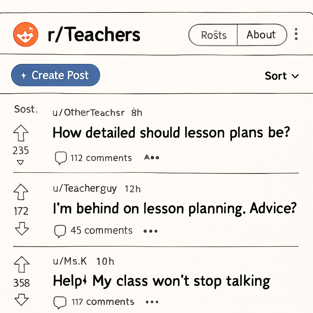 Screenshot of Reddit's r/Teachers subreddit showcasing teacher discussions and resources.