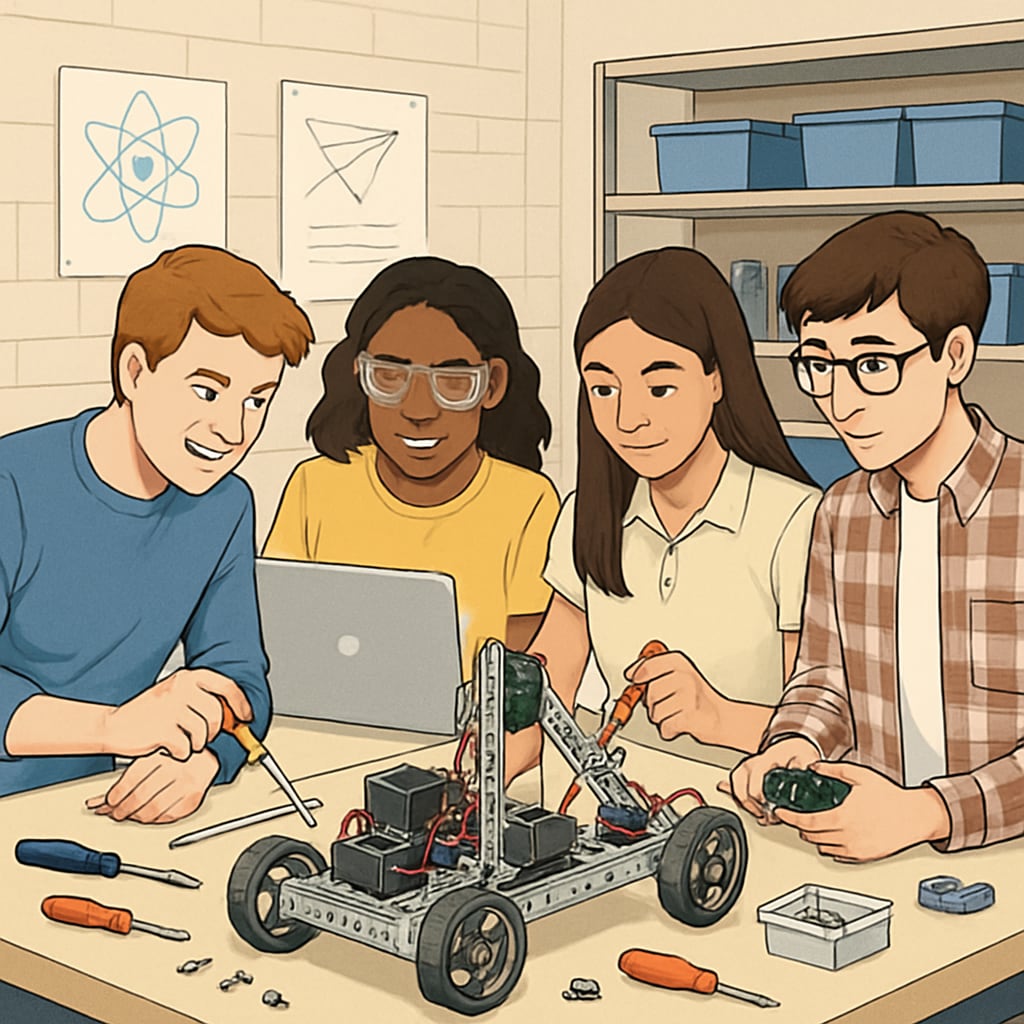 High school students working on a STEM robotics project as part of curriculum reform.