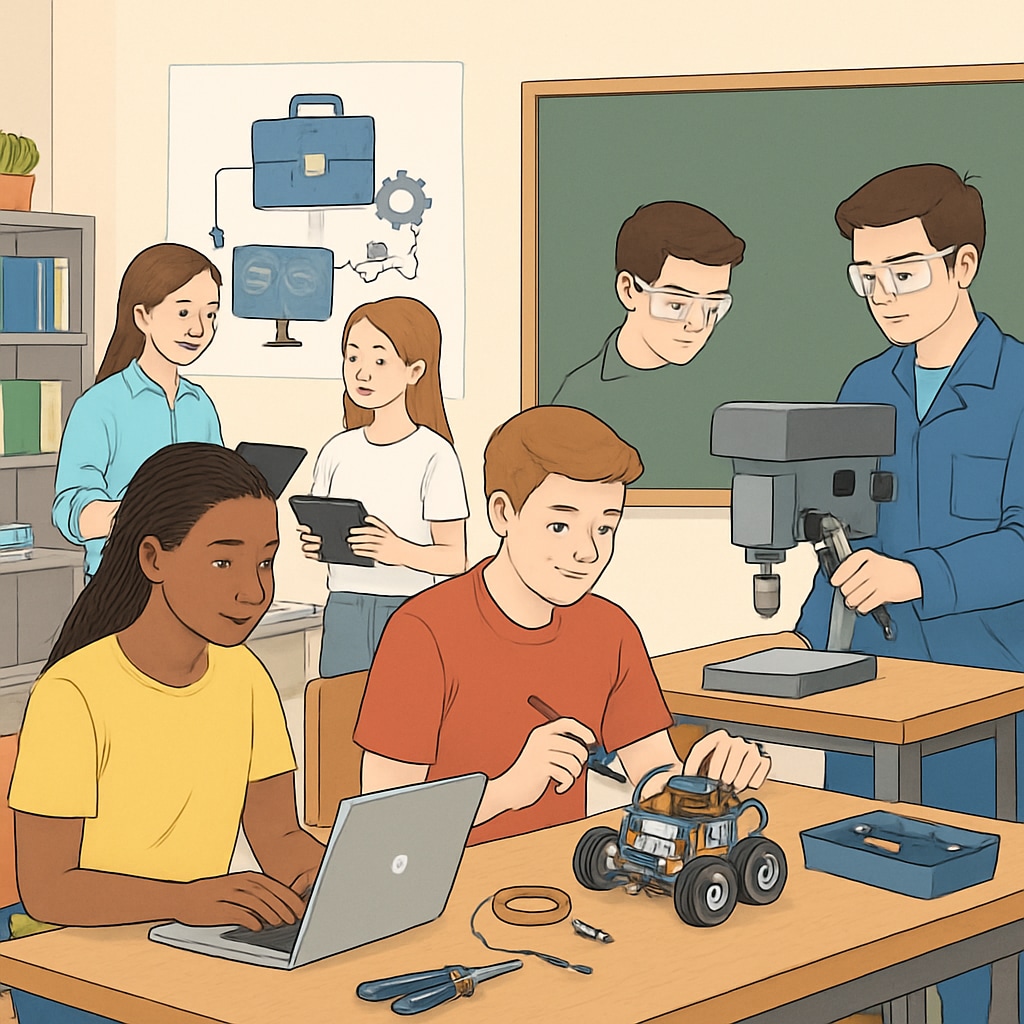 A classroom setting with students learning practical skills that align with modern job market needs. Students in a classroom learning practical skills for the workforce.