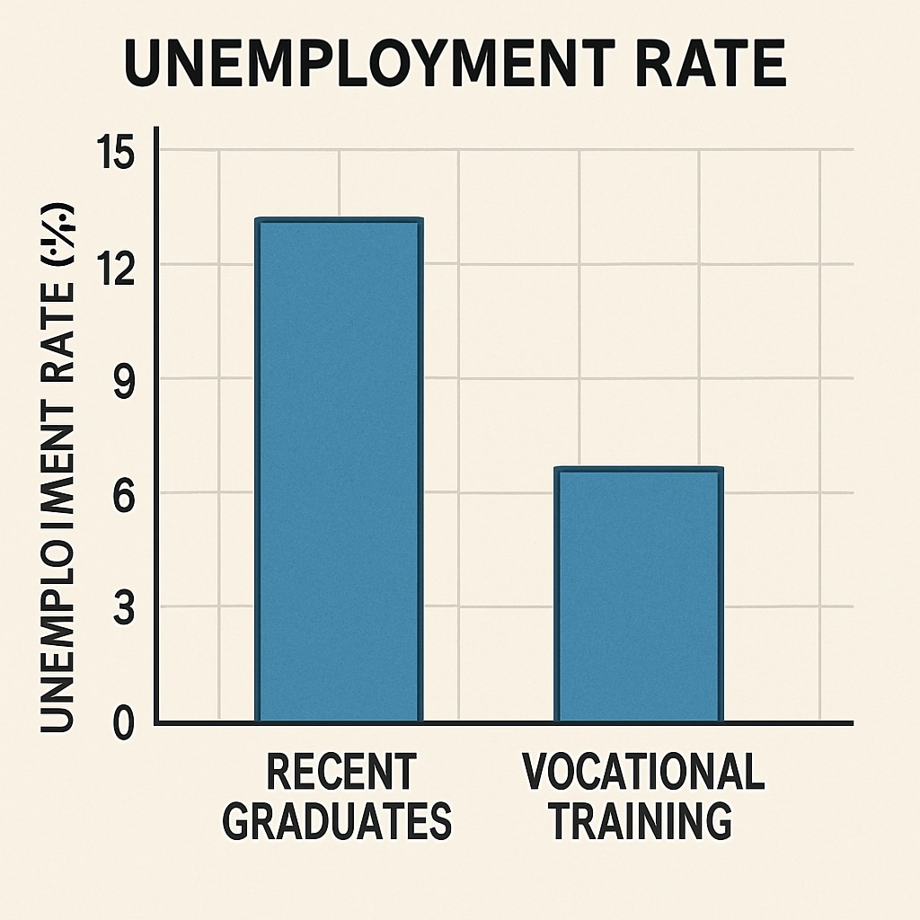 A graph illustrating unemployment rates among recent graduates versus those with vocational training. A graph comparing unemployment rates for graduates and vocational trainees.