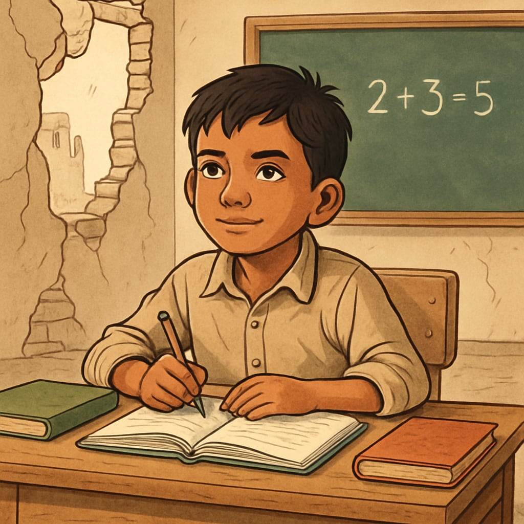 A child studying in a conflict zone, representing education's role in humanitarian efforts.