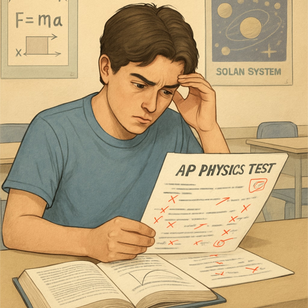 A high school student reviewing an AP Physics test with visible errors, emphasizing the impact of teacher mistakes on academic outcomes. Student reviewing AP Physics test errors