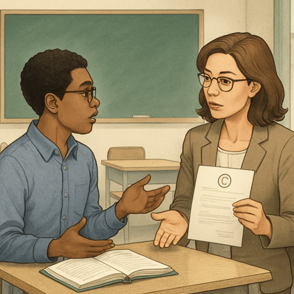 A student discussing grade appeal with a teacher in a classroom, highlighting the struggles of navigating appeal processes. Student discussing grade appeal with teacher
