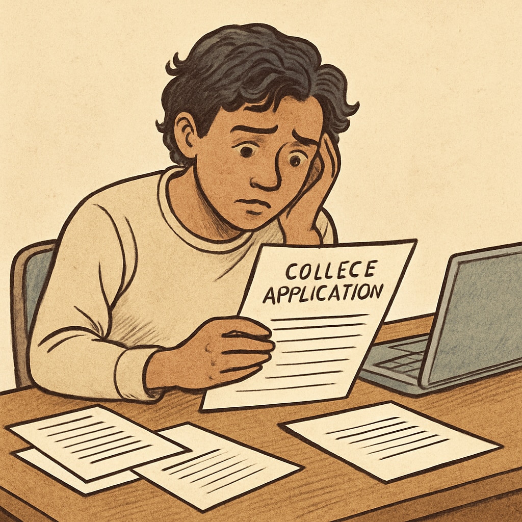 A student nervously reviewing their college application for errors or dishonesty. A student reviewing a college application to ensure honesty and accuracy.