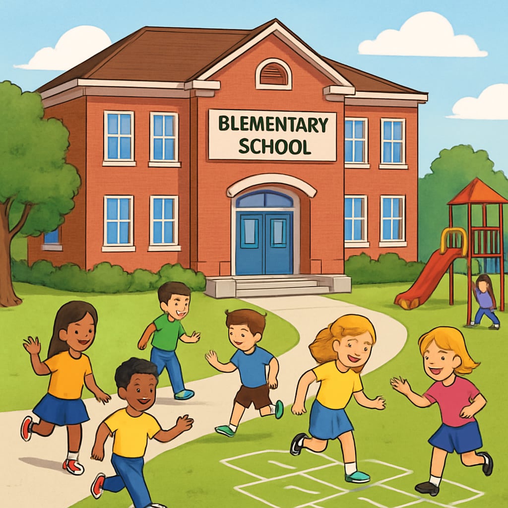 A welcoming public elementary school building with children playing outside. Public elementary school building with students outdoors