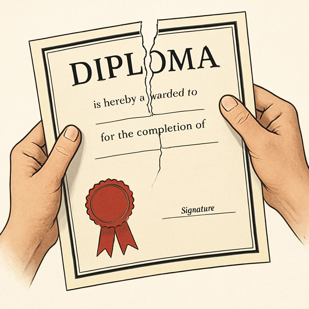 An illustration of a diploma being torn in half to symbolize the consequences of academic dishonesty. A symbolic image of a diploma being torn, representing the impact of dishonesty in college applications.