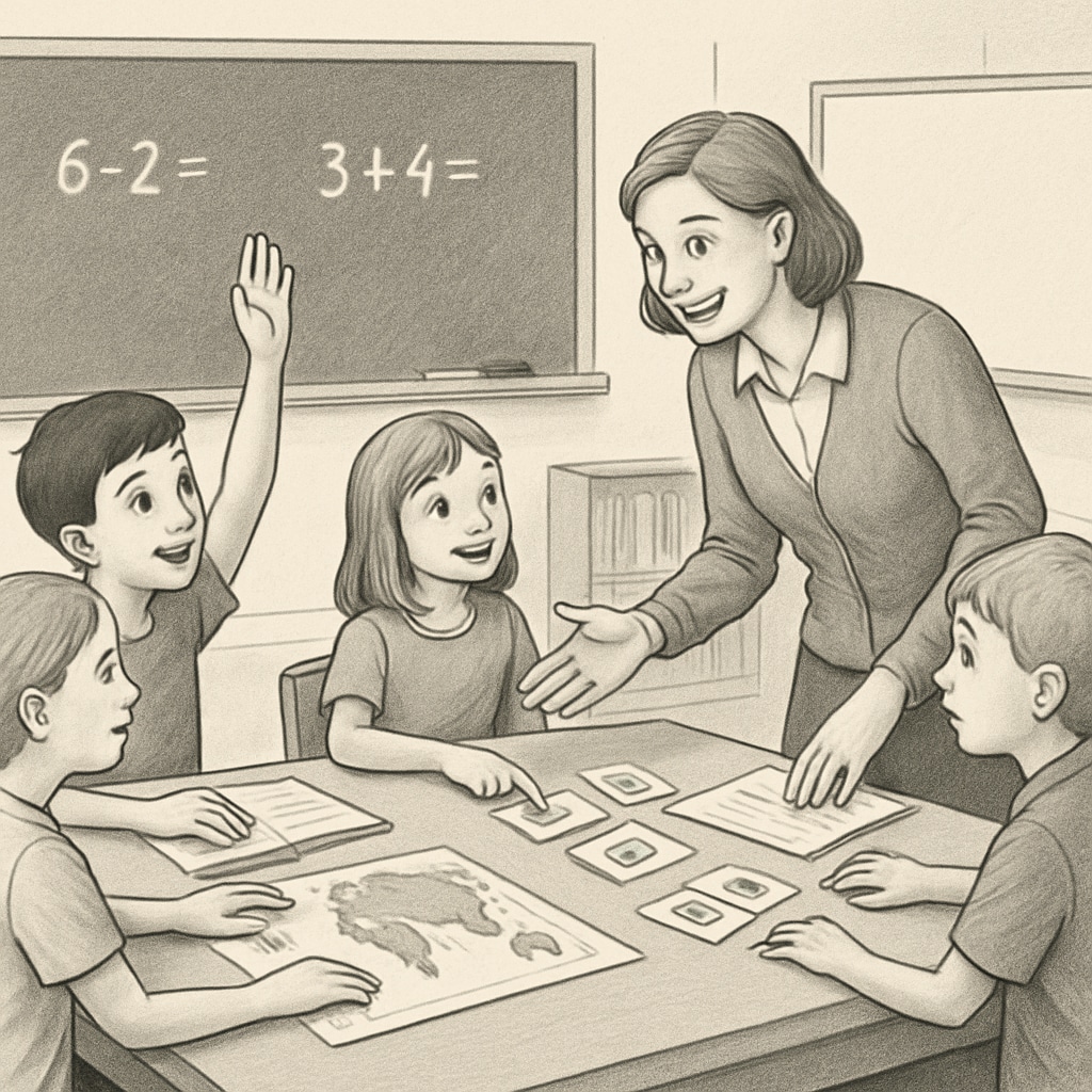 A teacher engaging with elementary students during a classroom activity. Teacher interacting with students in an elementary classroom