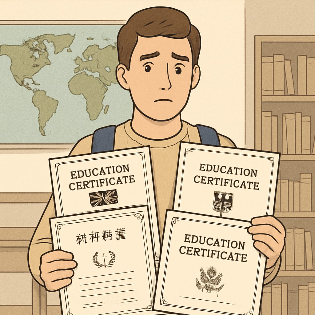A student holding multiple education certificates from different countries, symbolizing the challenges of academic recognition. A student holding certificates, representing education system disparities in university admissions.