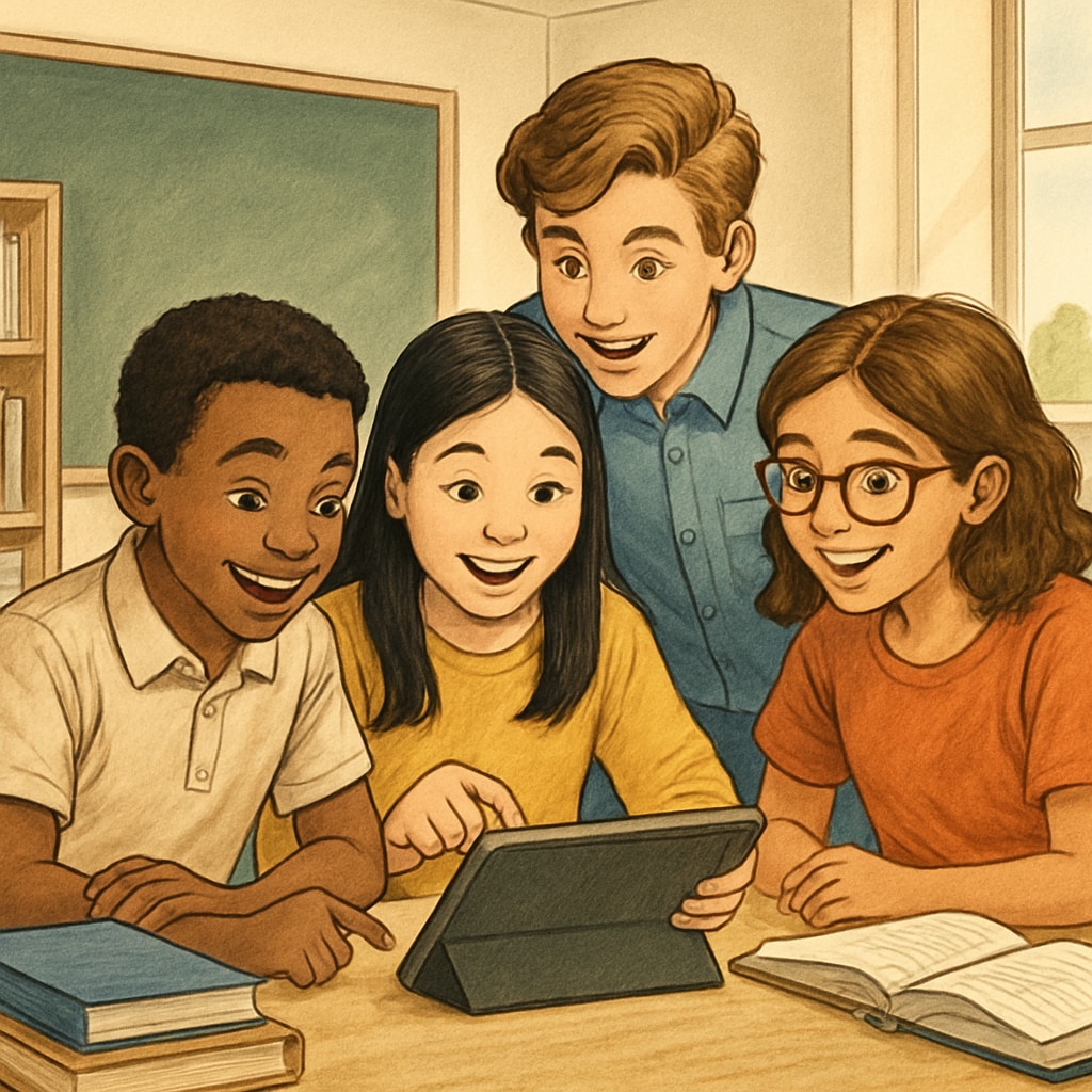 A group of diverse students using a tablet, excitedly engaging with a visual learning app. Students engaging with an interactive learning app that supports multi-language education.